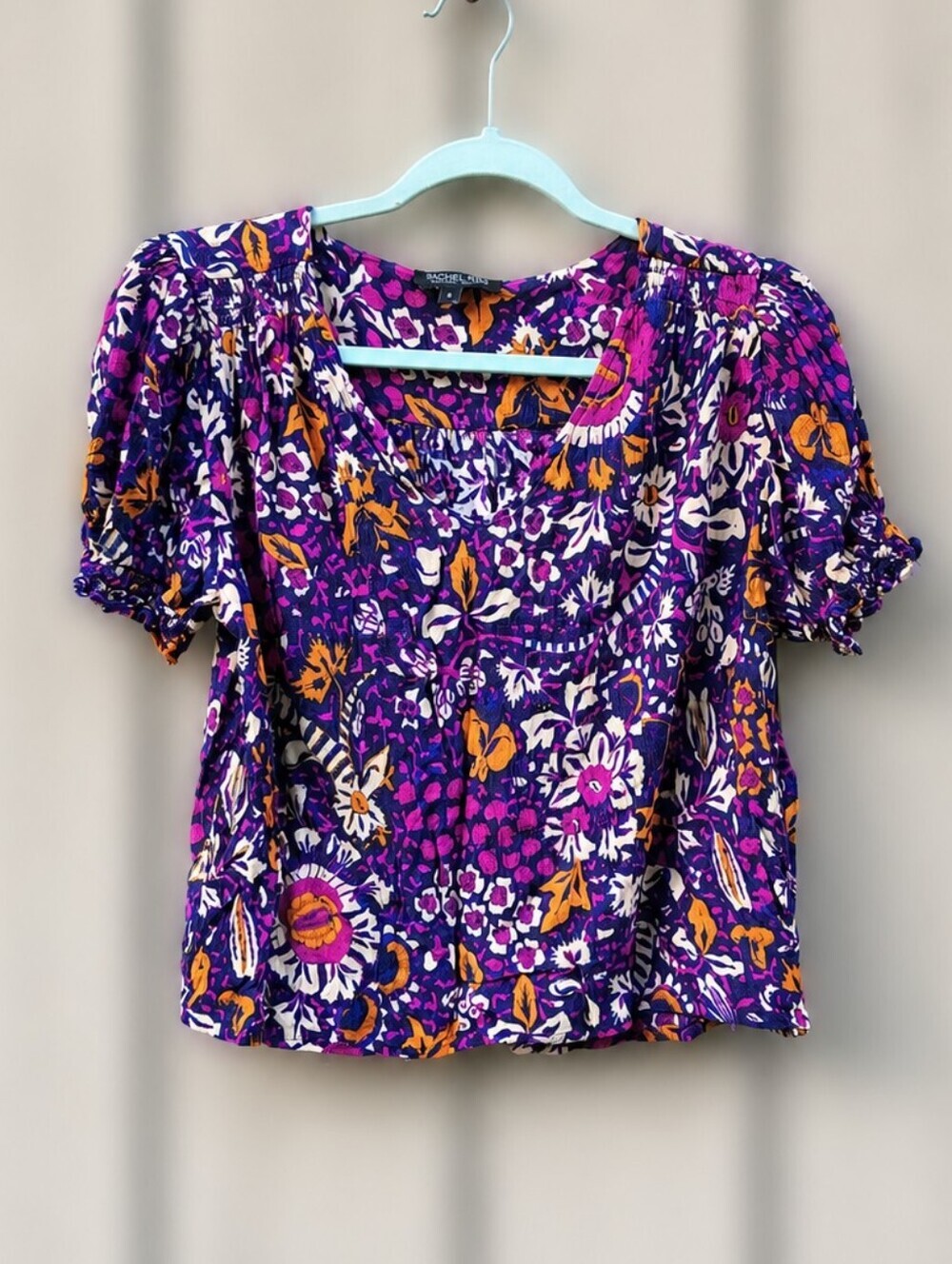 Rachel Zoe Crop Top Puff Sleeve Blue Purple Floral Ruffles V-neck Smocked Yoke S